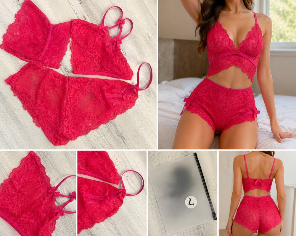 Hot Pink Floral Lace Lingerie Set – Size Large